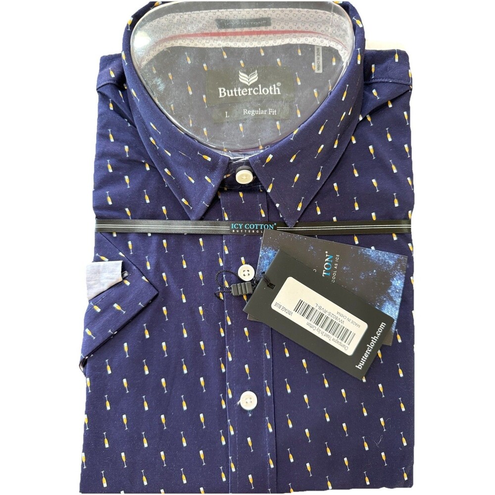 Buttercloth Icy Cotton Champagne Toast Print Navy Shirt Mens L Short Sleeve NWT